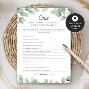 Jeu pour shower de bébé, Quiz - Qui connaît le mieux la future maman?, en français, PDF imprimable, baby shower, cigogne neutre, BO001
