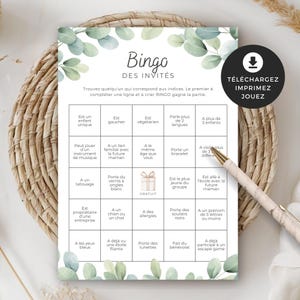 Jeu pour shower de bébé, Bingo des invités, en français, PDF imprimable, téléchargement instantané, baby shower, cigogne neutre, BO001