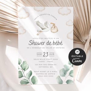 Invitation pour shower de bébé, modèle Canva, en français, imprimable et personnalisable, baby shower, cigogne neutre, BO001