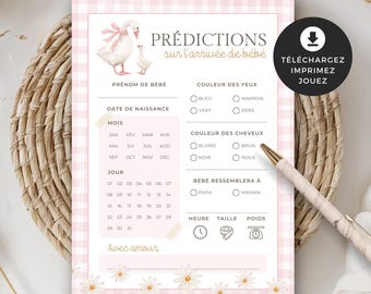 Jeu shower de bébé, carte de prédictions sur l'arrivée de bébé, français, PDF imprimable, baby shower, Petite oie blanche, rose fille, EV005