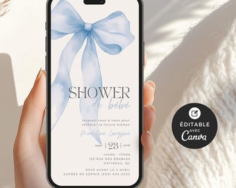 Invito numerico per shower de bébé, modèle Canva, français, personalizzabile, baby shower, boucle bleue, bébé garçon, aquarelle, EV004