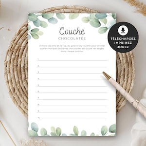 Jeu pour shower de bébé, Couche chocolatée, en français, PDF imprimable, baby shower, cigogne neutre, BO001