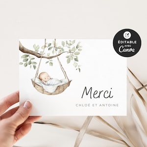 Carte de remerciement pour shower de bébé, modèle Canva, en français, imprimable et personnalisable, baby shower, cigogne neutre, BO001