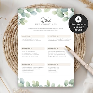 Jeu pour shower de bébé, Quiz des comptines, en français, PDF imprimable, baby shower, cigogne neutre, BO001