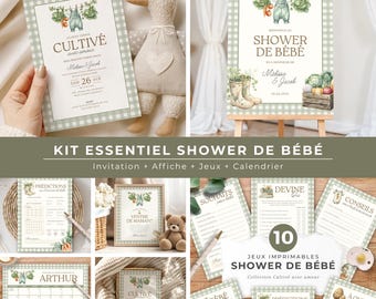 Kit essentiel shower de bébé garçon, Invitación, juegos, affiche, calendrier, français, PDF imprimible, Canva, Cultivé avec amour, vert, EV006