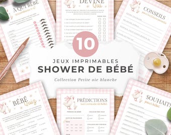 Confezione 10 jeux pour shower de bébé, français, PDF imprimable, téléchargement instantané, baby shower, Petite oie blanche, rose, fille, EV005