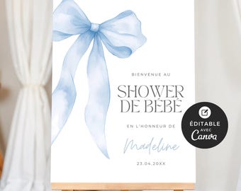 Affiche de bienvenue, modèle Canva, français, imprimable et personalisable, baby shower, boucle bleue, garçon, aquarelle, EV004