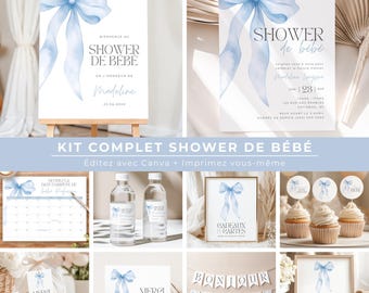 KIT COMPLET shower de bébé, français, PDF imprimable, téléchargement instantané, baby shower, boucle bleue, garçon, bundle, ensemble, EV004