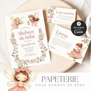 アンサンブル ド パペトリー シャワー ド ベベ、モデル Canva、アン フランセ、インプリマブルかつパーソナライズ可能な、ベビー シャワー、ジャルダン デ フェ、フィーユ、BO003