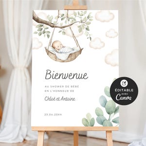 Affiche de bienvenue pour shower de bébé, modèle Canva, in English, imprimable et personnalisable, baby shower, cigogne neutre, BO001