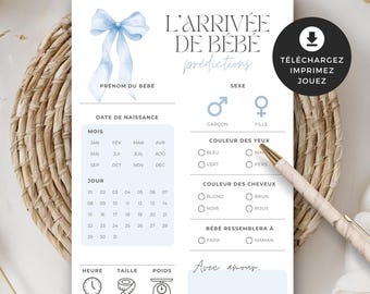 Jeu shower de bébé, carte pronostici sull'arrivo del bébé, francese, PDF imprimable, baby shower, boucle bleue, garçon, aquarelle, EV004
