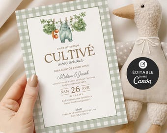 Invito doccia de bébé, modèle Canva, français, imprimable, baby shower, Cultivé avec amour, garçon, marché local, légume, jardin, EV006