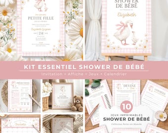 Kit essentiel shower de bébé fille, Invitation, jeux, affiche, calendrier, français, PDF imprimable, Canva, Petite oie blanche, rose, EV005
