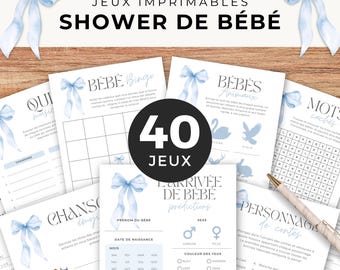Confezione da 40 giochi doccia per bébé, francese, PDF imprimable, téléchargement instantané, baby shower, boucle bleue, garçon, aquarelle, EV004