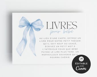Carte d'accompagnament pour shower de bébé, Livres pour bébé, modèle Canva, français, imprimable, baby shower, boucle bleue, garçon, BO003
