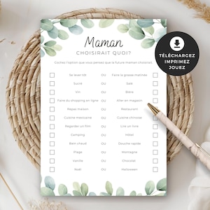 Jeu pour shower de bébé, Maman choisirait quoi?, en français, PDF imprimable, baby shower, cigogne neutre, BO001