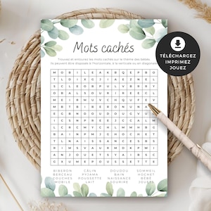 Jeu pour shower de bébé, Mimes, en français, PDF imprimable, baby shower, cigogne neutre, BO001