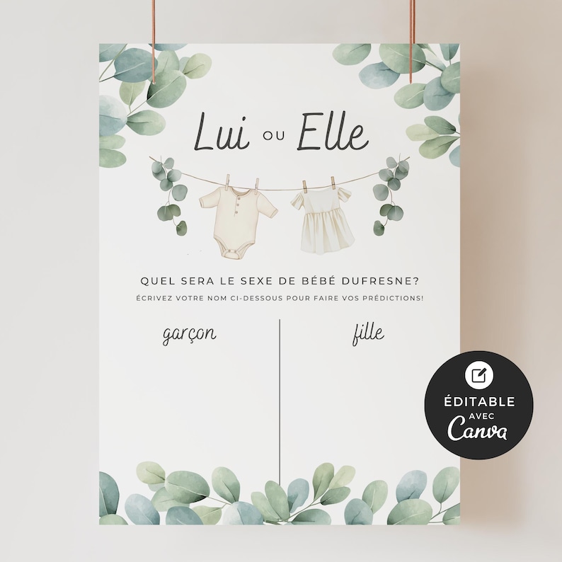 Affiche Prédictions Sexe Bébé, Fille ou Garçon, Shower de Bébé, Modell Canva, francais, unprimable personalisierbar, junge Frau, neutrale Person, BO001 Bild 1