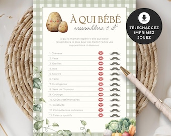 Jeu shower de bébé, À qui bébé ressemblera-t-il, français, PDF imprimable téléchargement instantané, baby shower, Cultivé avec amour, EV006