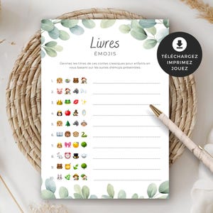 Jeu pour shower de bébé, Livres émojis, en français, PDF imprimable, baby shower, cigogne neutre, BO001