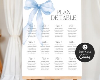 Plan de table shower de bébé, modèle Canva, français, imprimable et personalisable, baby shower, boucle bleue, garçon, aquarelle, EV004