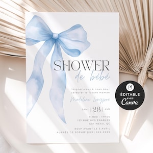 Invitation pour shower de bébé, modèle Canva, français, imprimable et personnalisable, baby shower, Boucle bleue, Garçon, Bleu, EV004