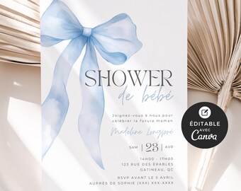 Invito per doccia de bébé, modèle Canva, français, imprimable et personalisable, baby shower, Boucle bleue, Garçon, Bleu, EV004