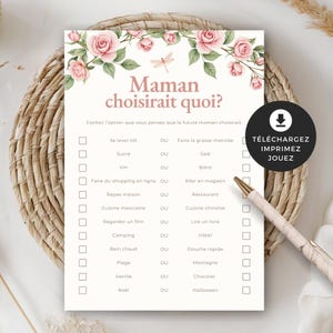 Jeu シャワー ド ベベ、Que choisirait maman、フランセ、PDF imprimable、téléchargement instantané、ベビー シャワー、jardin fees、rose fille、BO003