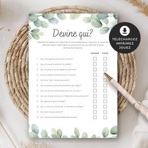 Jeu pour shower de bébé, Devine qui?, en français, PDF imprimable, baby shower, cigogne neutre, BO001