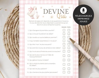 Jeu shower de bébé, devine qui, français, PDF imprimable, téléchargement instantané, baby shower, Petite oie blanche, fille, rose, EV005