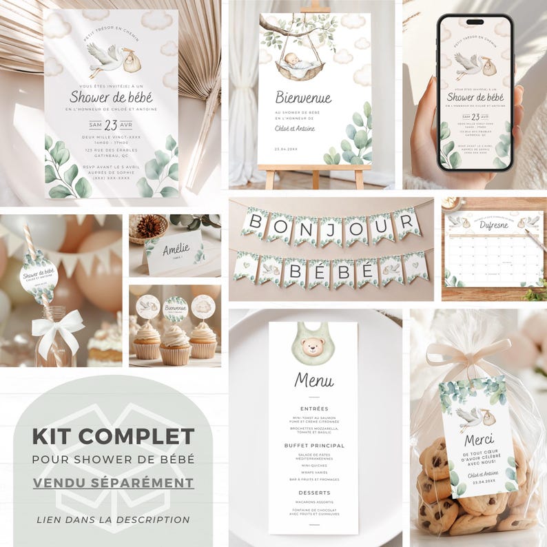 K&ouml;nnte beinhalten: Ein komplettes Set f&uuml;r eine Babyparty in Gr&uuml;n und Wei&szlig;. Das Set beinhaltet Einladungen, ein Willkommens-Schild, eine Speisekarte, ein Dankesch&ouml;n-Etikett, ein Banner und Cupcake-Topper. Der Text auf den Einladungen lautet "Shower de bebe" und der Text auf dem Willkommens-Schild lautet "Bienvenue". Der Text auf der Speisekarte lautet "Menu" und der Text auf dem Dankesch&ouml;n-Etikett lautet "Merci". Der Text auf dem Banner lautet "Bonjour Bebe".