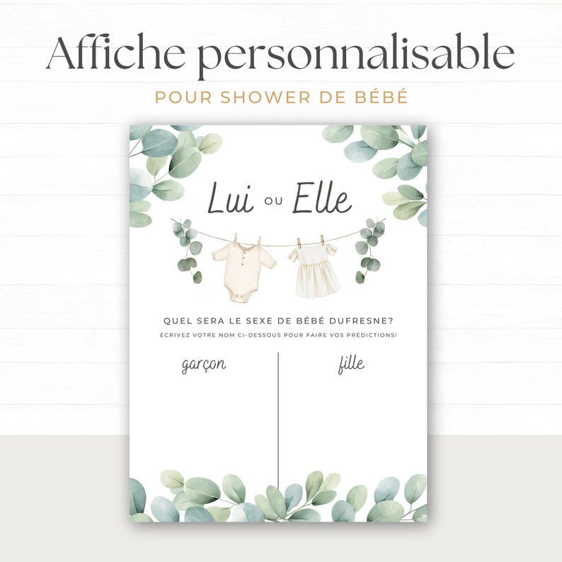 Affiche Prédictions Sexe Bébé, Fille ou Garçon, Shower de Bébé, Modell Canva, francais, unprimable personalisierbar, junge Frau, neutrale Person, BO001 Bild 2