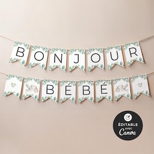 Bannière à fanions pour shower de bébé, modèle Canva, en français, imprimable et personnalisable, décoration, baby, cigogne neutre, BO001