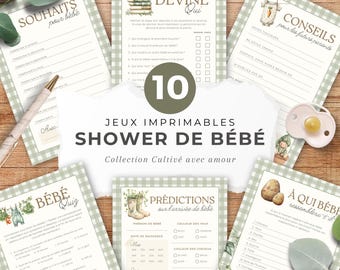 Pack 10 jeux pour shower de bébé, français, PDF imprimable, téléchargement instantané, baby shower, garçon, Cultivé avec amour, EV006