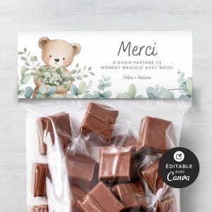 Décoration pour sac de friandises pour shower de bébé, modèle Canva, en français, imprimable et personnalisable, cigogne neutre, BO001