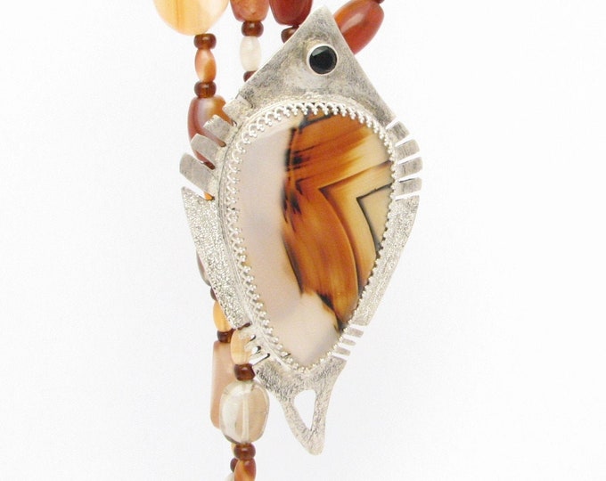 Montana Agate Sterling Silver Necklace: Black Diamond Accent, Carnelian Quartz Beads