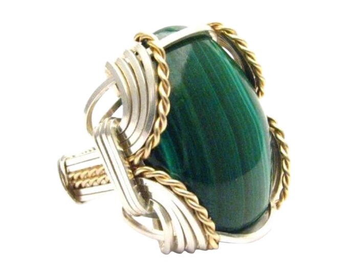 Malachite Ring Two Tone: Sterling Silver and 14kt Gold Filled Handmade