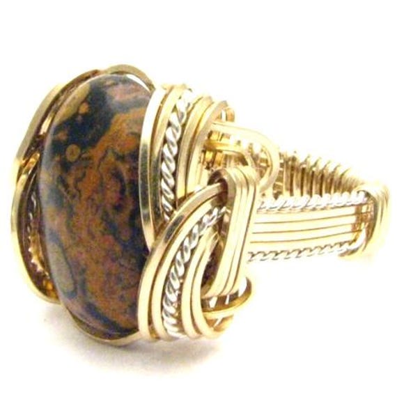 Handmade Wire Wrap Two Tone Sterling Silver/14kt Gold  Leopard Skin Cabochon Ring Great Gift Idea