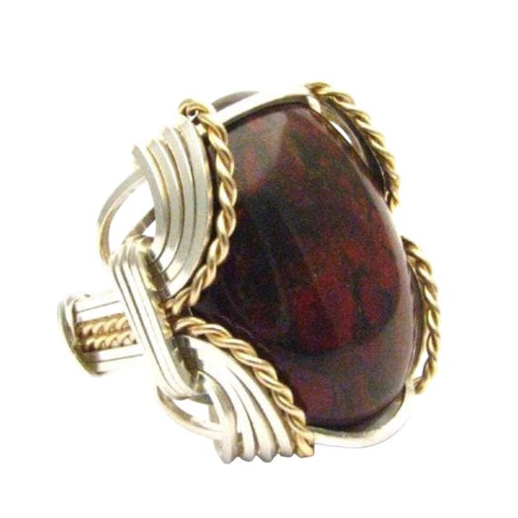 Handmade Wire Wrap Sterling Silver/14kt Gold  Poppy Jasper Cabochon Ring Great Gift Idea