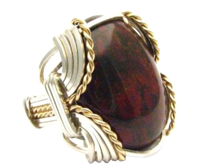 Handmade Poppy Jasper Ring: Sterling Silver & 14kt Gold Wire Wrap