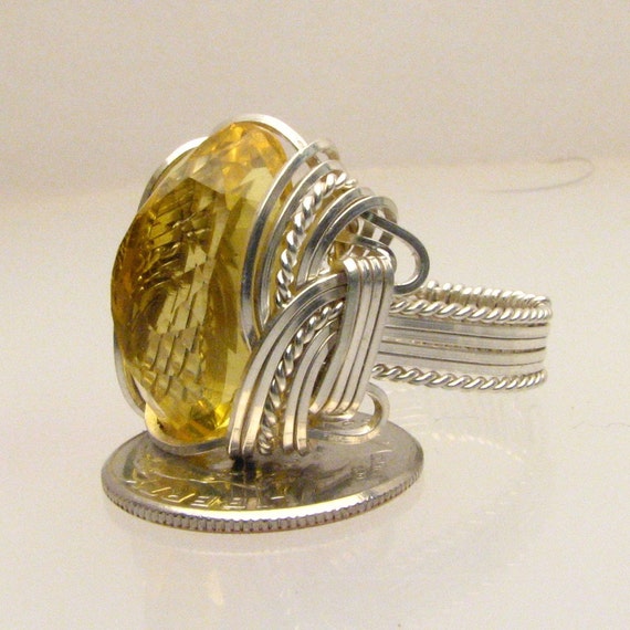 Valentine's Day Wire Wrap Yellow Citrine Silver Ring 18x13mm Great Gift Idea