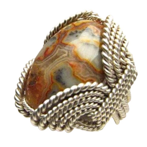 Sterling Silver Wire Wrapped Vintage Crazy Lace Agate Vintage Handmade Ring Great Gift Idea