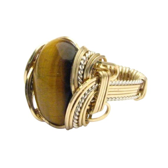 Handmade Wire Wrap Two Tone Sterling Silver/14kt Gold  Tiger Eye Agate Ring Great Gift Idea
