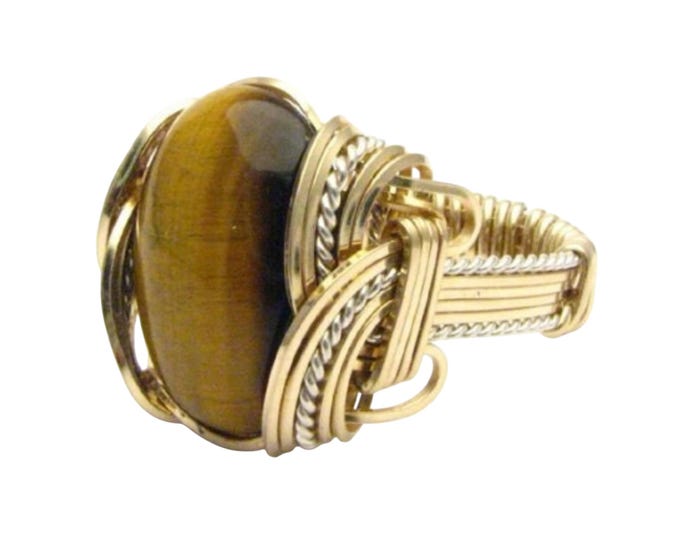 Handmade Two Tone Tiger Eye Agate Ring: Sterling Silver & 14kt Gold Filled