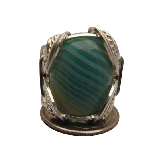 Handmade Wire Wrapped Green and White Striped Sardonyx Sterling Silver Ring.  Custom Personalized Sizing to fit you.