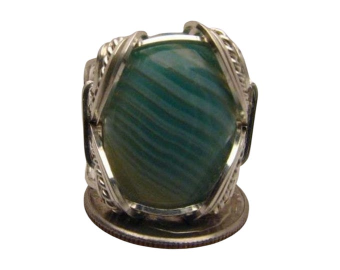Handmade Wire Wrapped Sardonyx Sterling Silver Ring - Green and White Striped