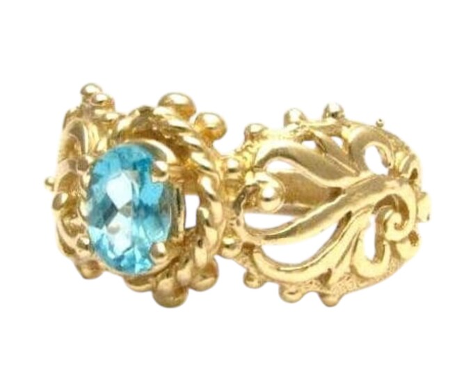 Blue Topaz 14kt Gold Filigree Ring: Handmade November Birthstone