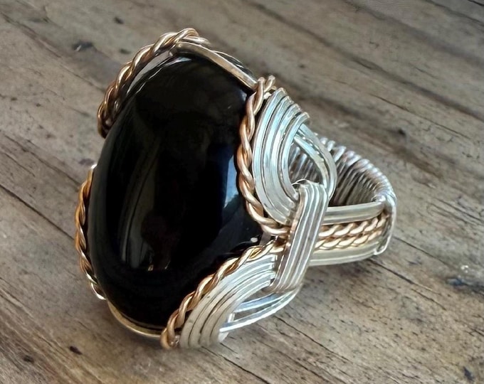 Black Onyx Handmade Ring Wire Wrapped Ring Two Tone Ring Sterling Silver/14kt Gold  Ring Black Onyx Ring Great Gift Idea