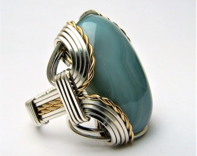 Handmade Green Sardonyx Ring: Two Tone Sterling Silver & 14kt Gold Wire Wrap