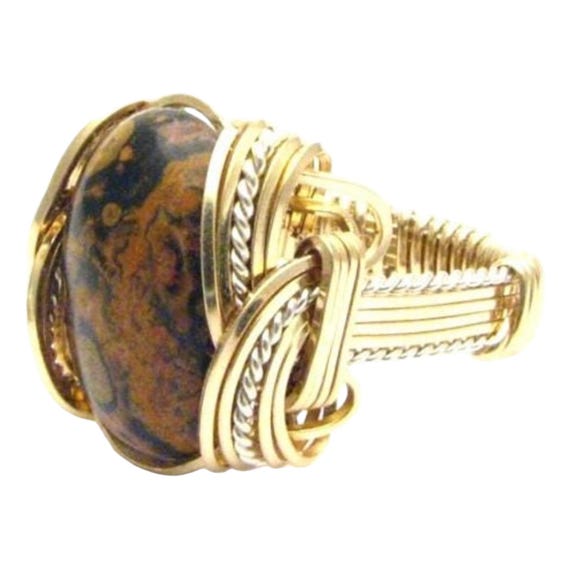 Handmade Wire Wrap Two Tone Sterling Silver/14kt Gold  Leopard Skin Cabochon Ring Great Gift Idea